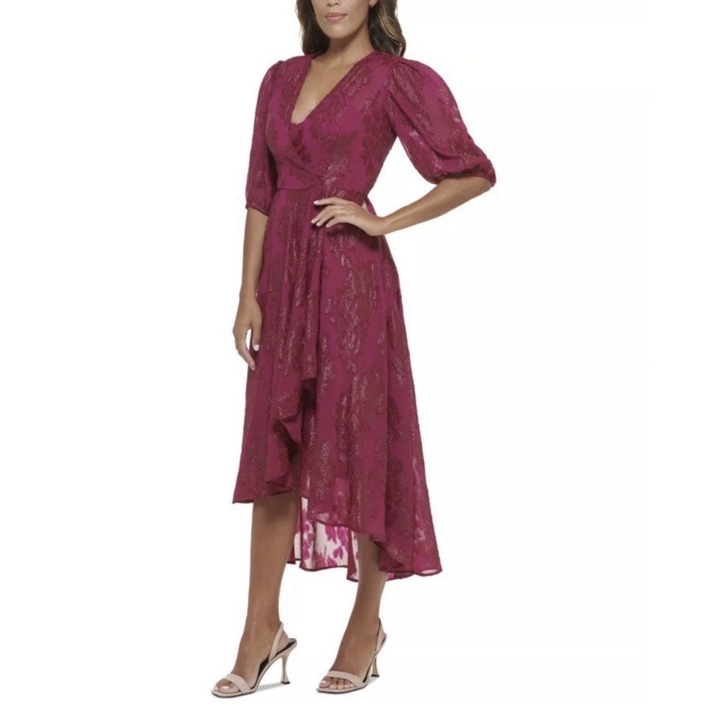 CALVIN KLEIN Purple Pink Jacquard Chiffon Hi-Low Fit & Flare Dress Sz 14 Women's - Picture 13 of 14